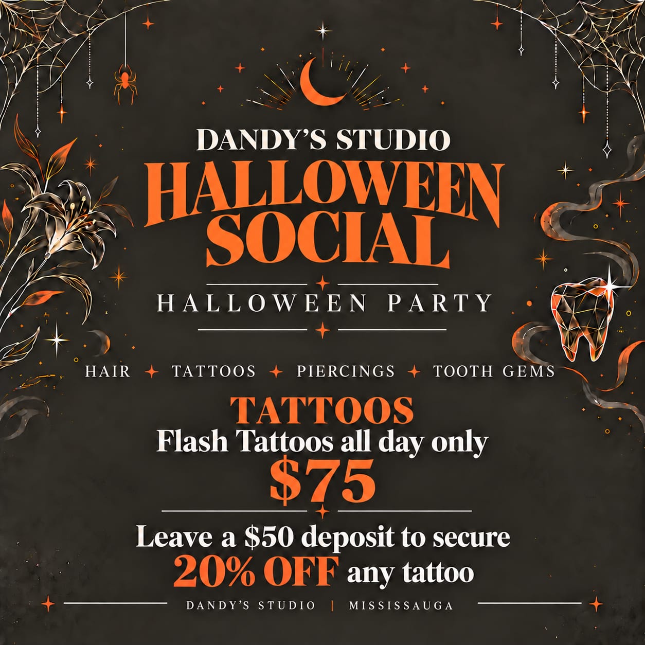 Halloween Social tattoo deals: flash tattoos all day $75, $50 deposit secures 20% off any tattoo