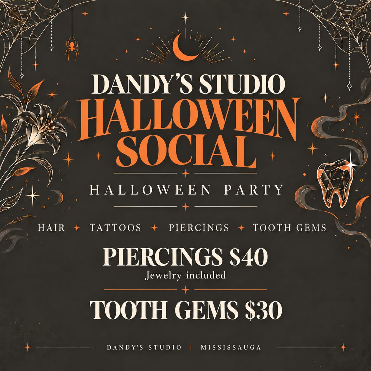 Halloween Social deals: piercings $40 with jewelry included, tooth gems $30